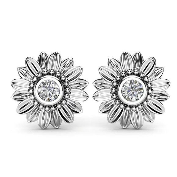 S925 SILVER DIAMOND SUNFLOWER STUD EARRINGS - Picture 1 of 5